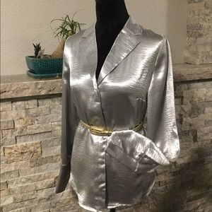 Silver button down blouse in large
